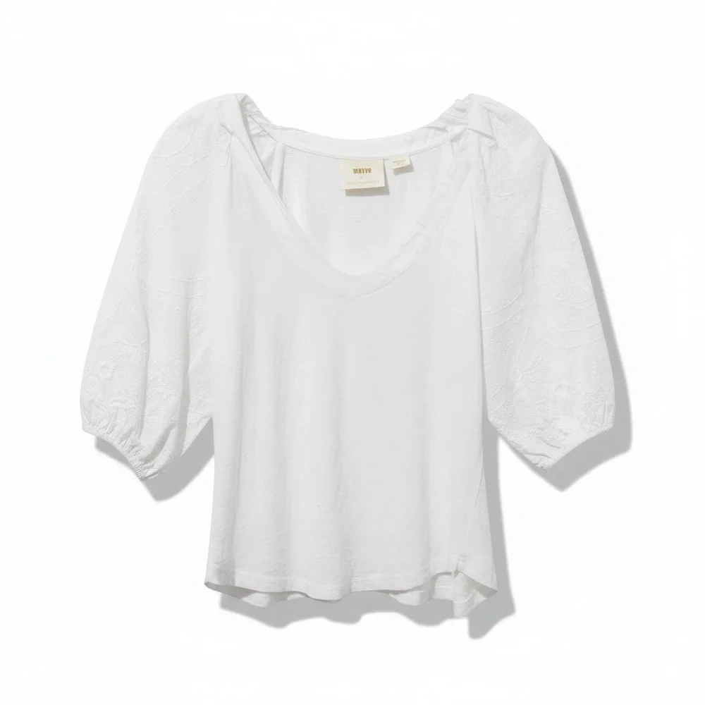 Maeve Anthropologie Harmony Lace Top Puff-Shoulder Size Medium White V Neck
